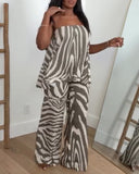 2 Pieces Outfit Zebra Stripe Print Stretchy Trim Loose Bandeau Top and Casual Elastic Back Waist Wide Leg Pants Set