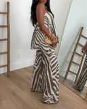 2 Pieces Outfit Zebra Stripe Print Stretchy Trim Loose Bandeau Top and Casual Elastic Back Waist Wide Leg Pants Set