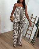 2 Pieces Outfit Zebra Stripe Print Stretchy Trim Loose Bandeau Top and Casual Elastic Back Waist Wide Leg Pants Set