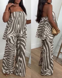 2 Pieces Outfit Zebra Stripe Print Stretchy Trim Loose Bandeau Top and Casual Elastic Back Waist Wide Leg Pants Set