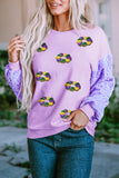 Orchid Petal Mardi Gras Doughnut Graphic Sequin Patchwork Long Sleeve Top