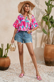 Rose Abstract Brushwork Print Buttoned V Neck Blouse