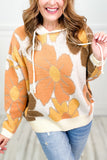 White Large Flower Knitted Drawstring Hooded Plus Size Sweater