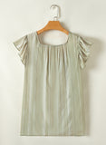 Laurel Green Stripes Ruffled Sleeve Shirred Round Neck Loose Fit Tank Top