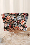 Black Flower Print Zipper Ribbed Corduroy Large Makeup Bag