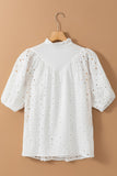 White Flower Embroidered Hollow-out Puff Sleeve Blouse