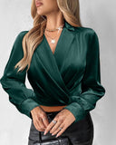 Ruched Notched Collar Overlap Satin Top