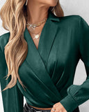 Ruched Notched Collar Overlap Satin Top
