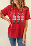 Red Sequined Christmas Nutcracker Pattern Crew Neck Graphic Tee