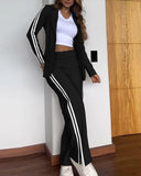 2 Piece Stripe Print Notched Collar Long Sleeve Coat Slit Straight Pants Work Pants Set