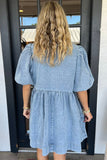 Dusk Blue Bowknot Bubble Sleeve Short Denim Dress