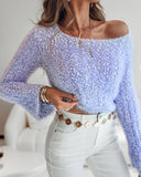 Skew Neck Bell Sleeve Textured Fuzzy Knit Sweater