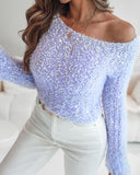 Skew Neck Bell Sleeve Textured Fuzzy Knit Sweater