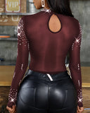 Rhinestone Studded Long Sleeve Bodysuit