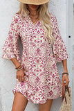 Pink Paisley Print Tiered 3/4 Sleeve Notched Neck Mini Dress