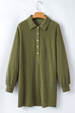 Moss Green Corded Buttons Placket Drop Shoulder Collared Shift Dress