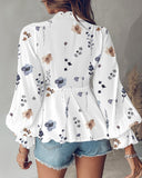 Floral Print V Neck Lantern Sleeve Casual Contrast Lace Tied Detail Blouse
