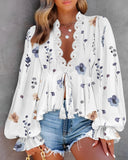Floral Print V Neck Lantern Sleeve Casual Contrast Lace Tied Detail Blouse