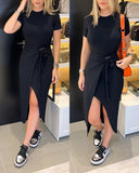 Knotted Fake Two Piece Ribbed Casual Dress