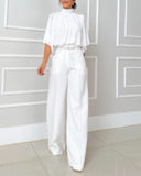 High Neck Batwing Sleeve Ruched Hollow out Back Casual Chiffon Blouse