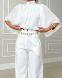 High Neck Batwing Sleeve Ruched Hollow out Back Casual Chiffon Blouse