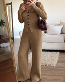 2 Pieces Outfits Thick Knit Cardigan+Wide Leg Loose Knit Pants Sets