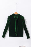 Blackish Green Mock Neck Puff Sleeve Velvet Blouse