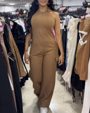 Halter Sleeveless Knit Jumpsuit Casual Loose Fit Comfy Romper