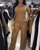 Halter Sleeveless Knit Jumpsuit Casual Loose Fit Comfy Romper