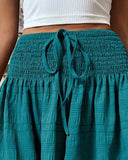 Plain Tied Detail Waist Shirred Shorts Casual Wide Leg Shorts