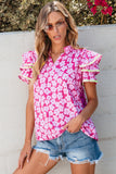 Pink Floral Contrast Ric Rac Layered Ruffle Sleeve Blouse