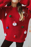 Racing Red Christmas Pattern Patched Rib Knit Knitted Sweater