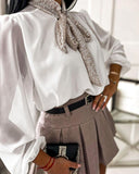 Contrast Sequin Tie Neck Long Sleeve Top