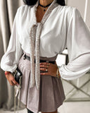 Contrast Sequin Tie Neck Long Sleeve Top