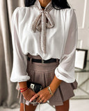 Contrast Sequin Tie Neck Long Sleeve Top