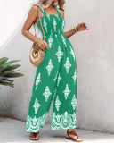 Graphic Print Square Neck Thick Strap Shirred Jumpsuit Wide Leg Overalls with Pockets