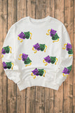 White Sequined Mardi Gras Mask Pattern Drop Shoulder Sweatshirt