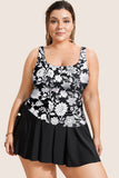 Black Plus Size Printed Square Neck Drawstring Ruffled Tankini Set