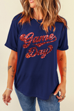 Blue Glittering Game Day Graphic Cuffed Sleeve Crew Neck T Shirt