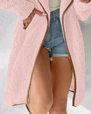 Contrast Binding Lapel Teddy Coat Open Front Longline Winter Outwear Jackets with Pockets