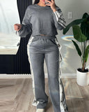 2 Piece Stripe Print Round Neck Long Sleeve Top Side Button Slit High Waist Wide Leg Sporty Pants Set