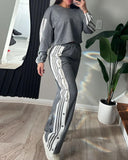 2 Piece Stripe Print Round Neck Long Sleeve Top Side Button Slit High Waist Wide Leg Sporty Pants Set