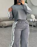 2 Piece Stripe Print Round Neck Long Sleeve Top Side Button Slit High Waist Wide Leg Sporty Pants Set