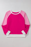 Strawberry Pink Striped Patchwork Crew Neck Raglan Sleeve Top