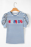 Blue Stripe America Cursive Graphic Puff Sleeve T-shirt