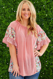 Pink Plus Size Floral Patchwork Ruffled Short Sleeve Blouse