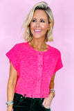 Bright Pink Distressed Hem Short Sleeve Knitted Button Front Sweater