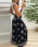 2 Pieces Outfit Sleeveless Hollow out Tank Top and Casual Floral Print Wide Leg Slit Pants Set