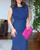 Round Neck Sleeveless Waist Ruched Slit Dress