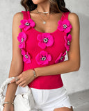 Floral Pattern Beaded Knit Tank Top